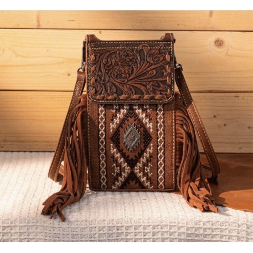 Montana West Crossbody Brown Tooled Phone Wallet Purse Bag Western Travel READ